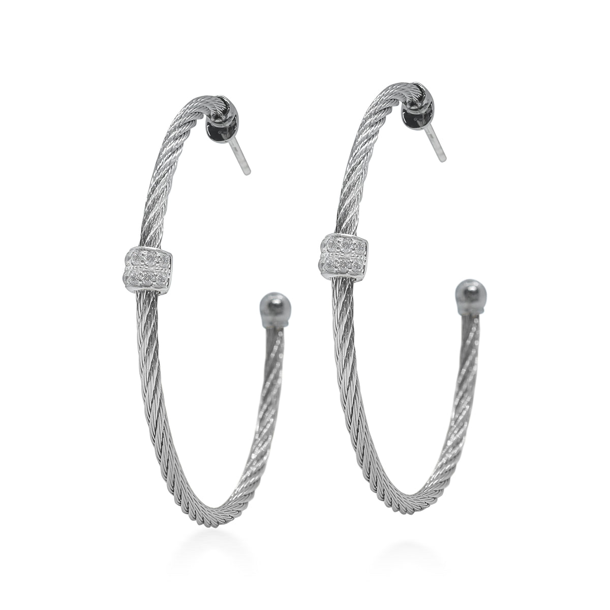 ALOR Large Barrel Stainless Steel and 18k White Gold Diamond Hoop Earrings