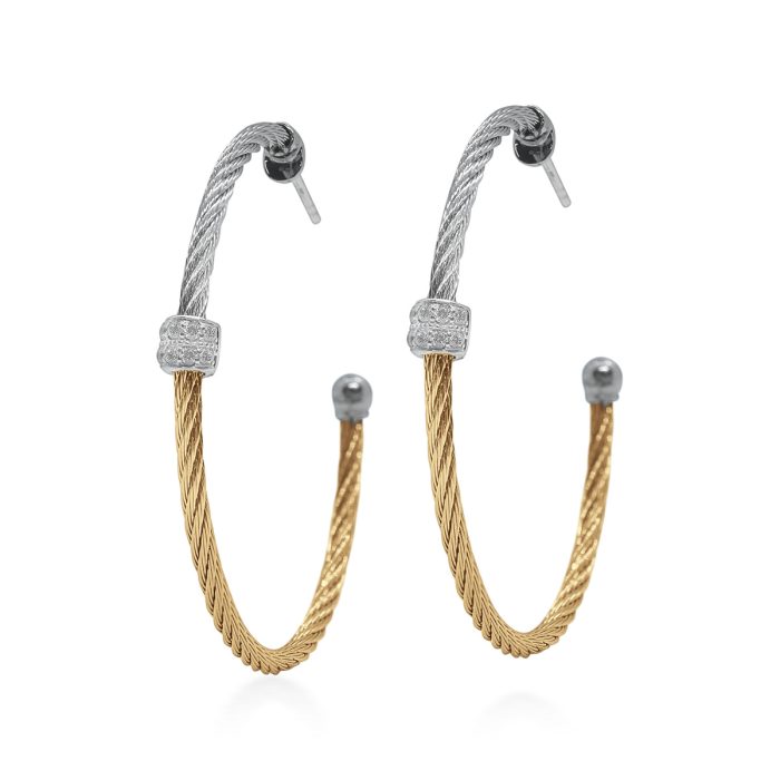 ALOR Large Barrel Grey and Yellow Stainless Steel and 18k White Gold Diamond Hoop Earrings