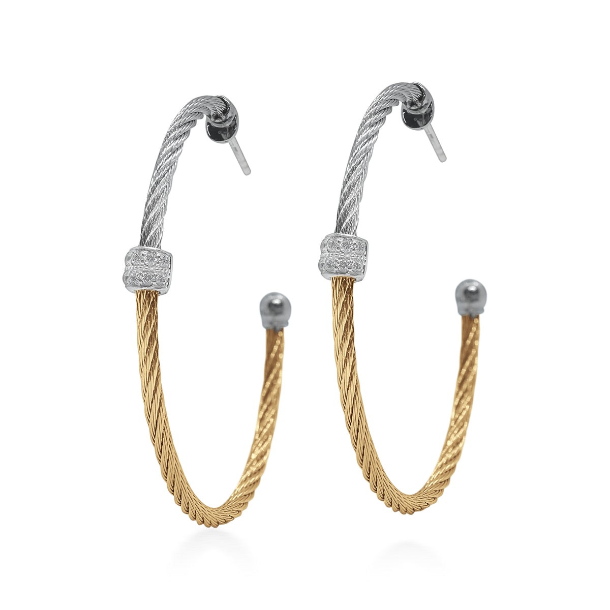 ALOR Large Barrel Grey and Yellow Stainless Steel and 18k White Gold Diamond Hoop Earrings
