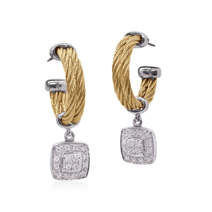 ALOR Stainless Steel and 18k White Gold Diamond Cushion Station Hoop Earrings in Yellow