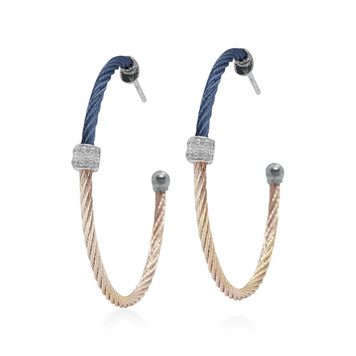 ALOR Large Barrel Blue and Pink Stainless Steel and 18k Rose Gold Diamond Hoop Earrings