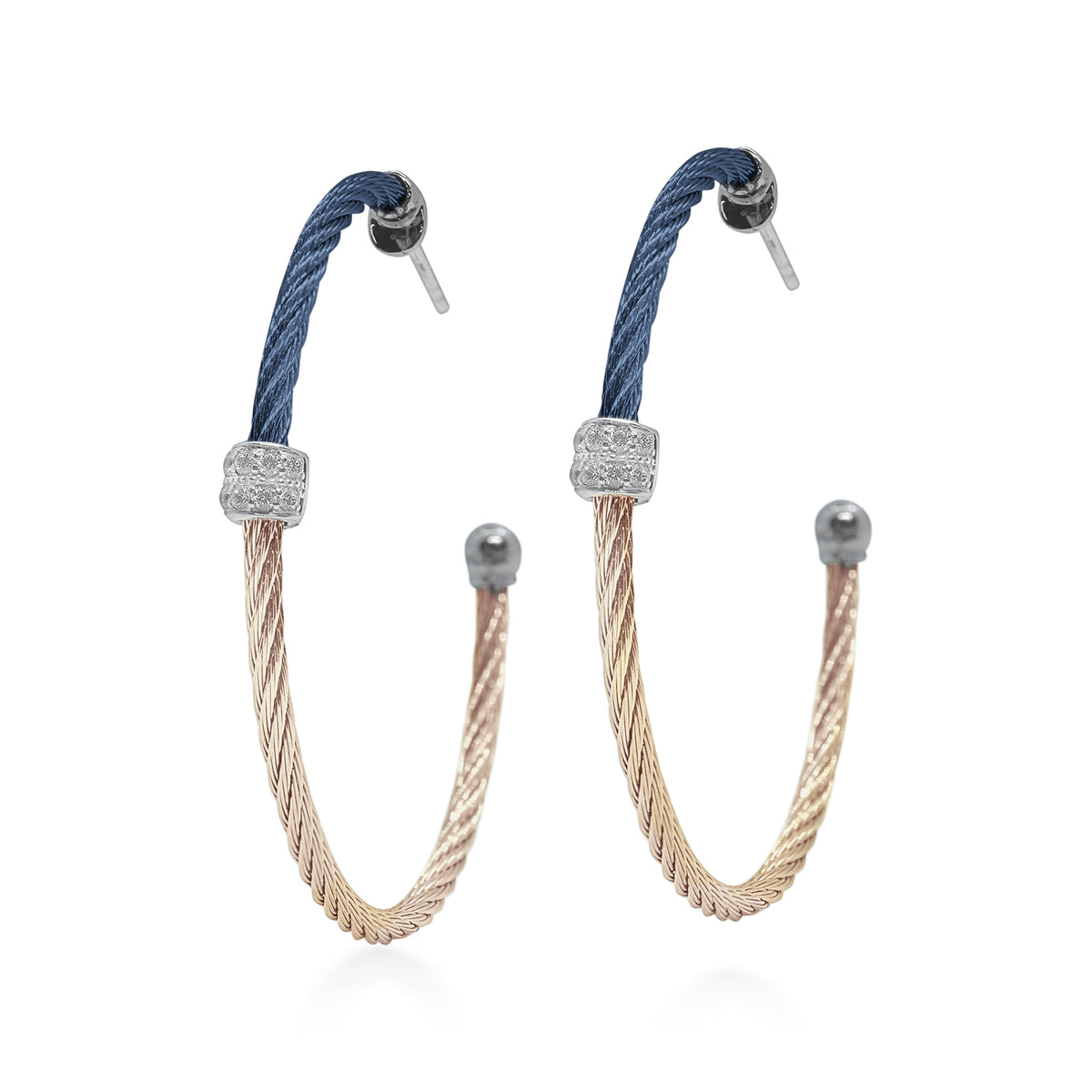 ALOR Large Barrel Blue and Pink Stainless Steel and 18k Rose Gold Diamond Hoop Earrings
