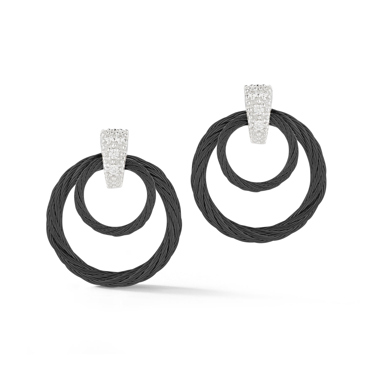 ALOR Droplet Stainless Steel and 18k White Gold Diamond Black Cable Earrings