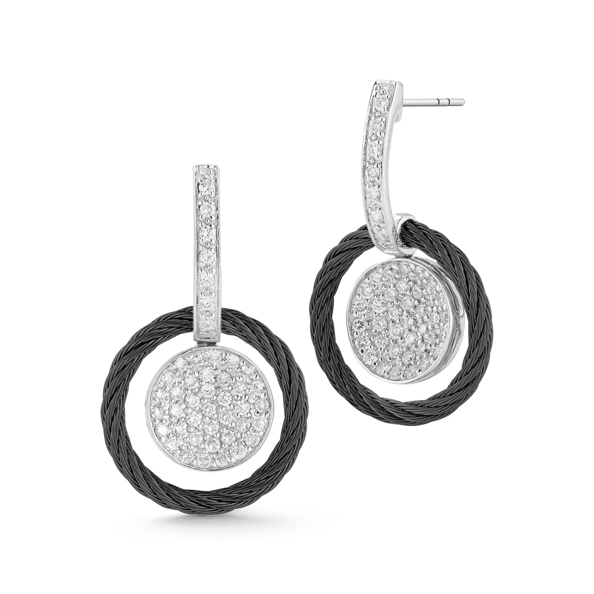 ALOR Stainless Steel and 18k White Gold Diamond Disc Drop Earrings in Black