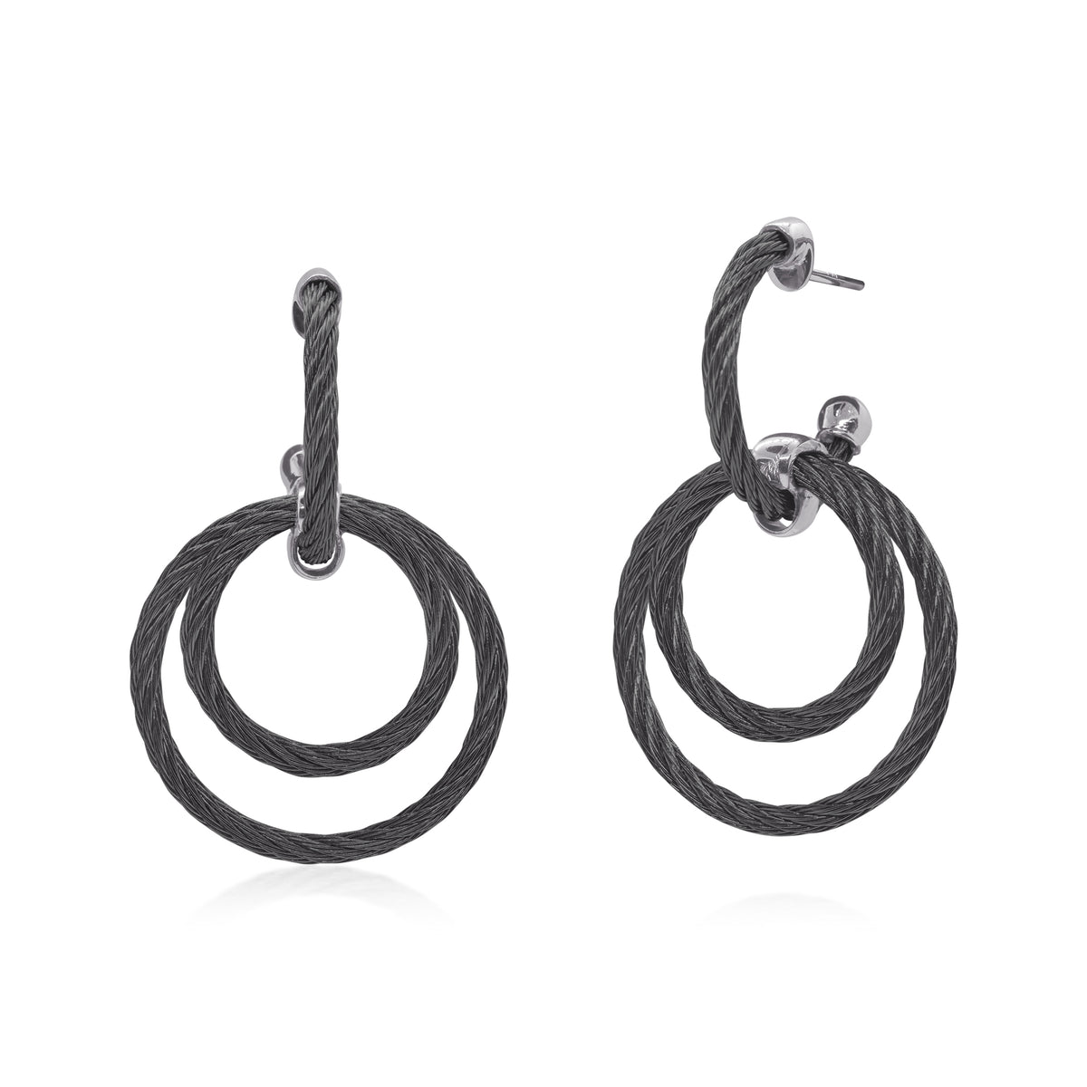 ALOR Petite Triple Drop Stainless Steel and 18k White Gold Black Cable Hoop Earrings