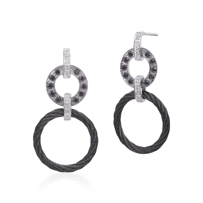 ALOR Stainless Steel and 18k White Gold Black Diamond Earrings