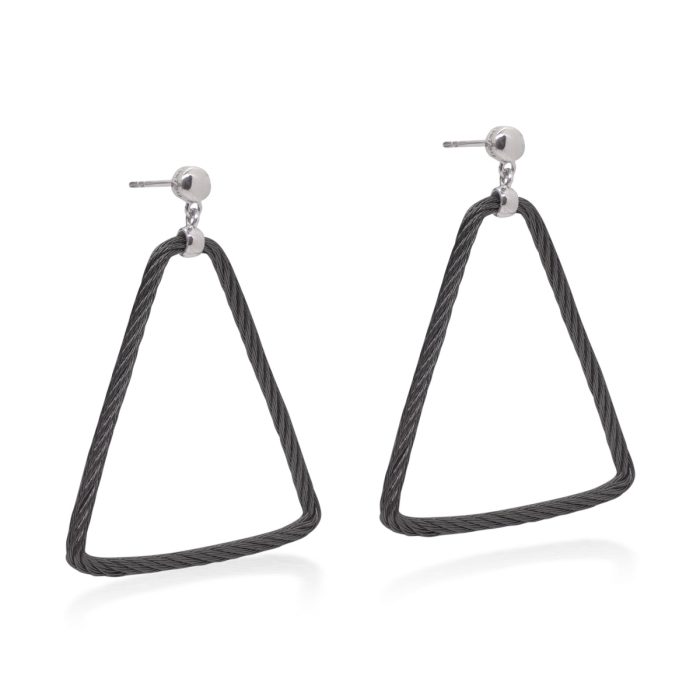 ALOR Open Triangle Stainless Steel and 18k White Gold Black Cable Drop Earrings