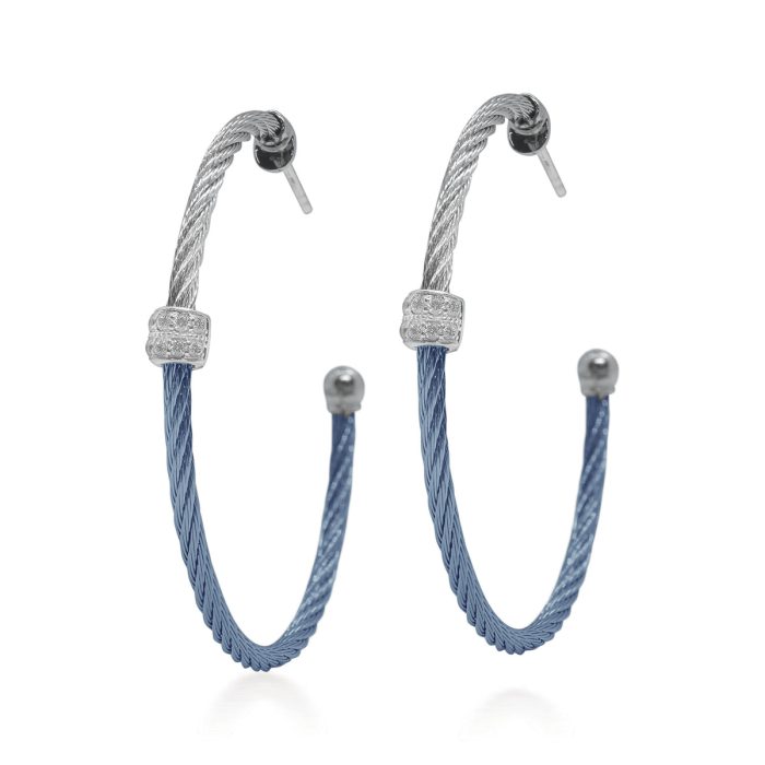 ALOR Large Barrel Stainless Steel and 18k White Gold Diamond Caribbean Blue and Grey Hoop Earrings