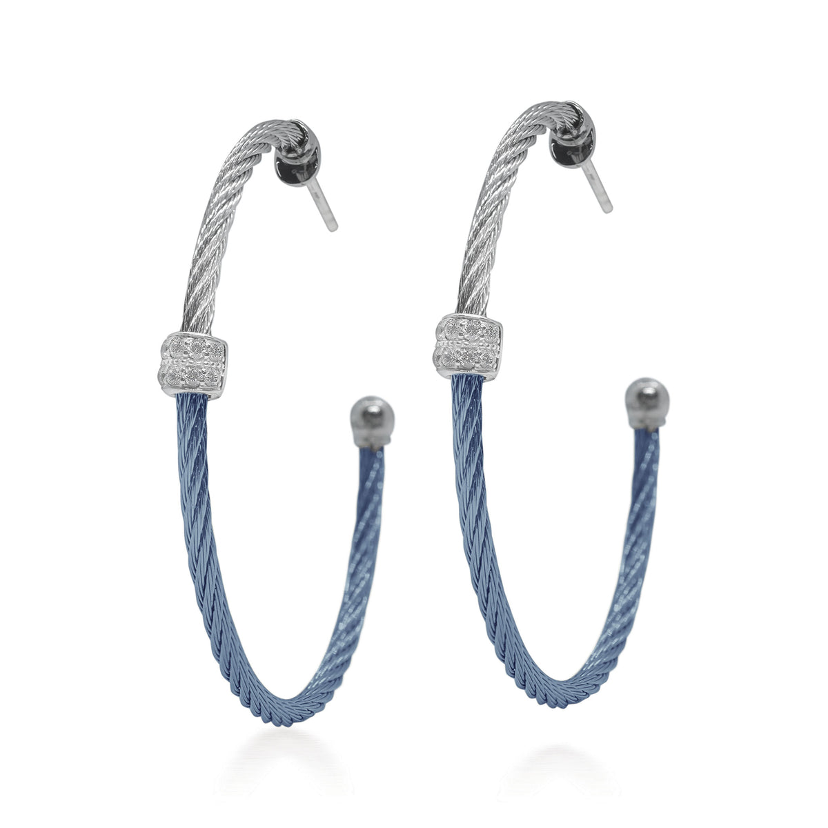 ALOR Large Barrel Stainless Steel and 18k White Gold Diamond Caribbean Blue and Grey Hoop Earrings