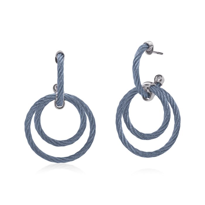 ALOR Petite Triple Drop Stainless Steel and 18k White Gold Caribbean Blue Cable Hoop Earrings