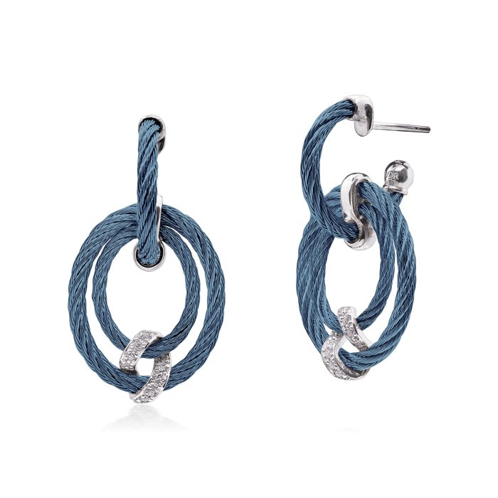 ALOR 14k White Gold and Caribbean Blue Stainless Steel Diamond Wrap Halo Drop Earrings