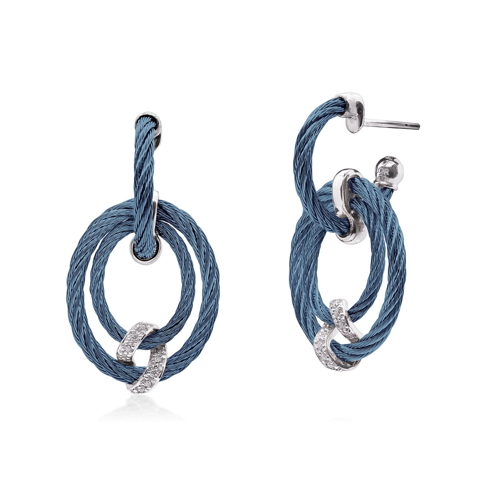 ALOR 14k White Gold and Caribbean Blue Stainless Steel Diamond Wrap Halo Drop Earrings