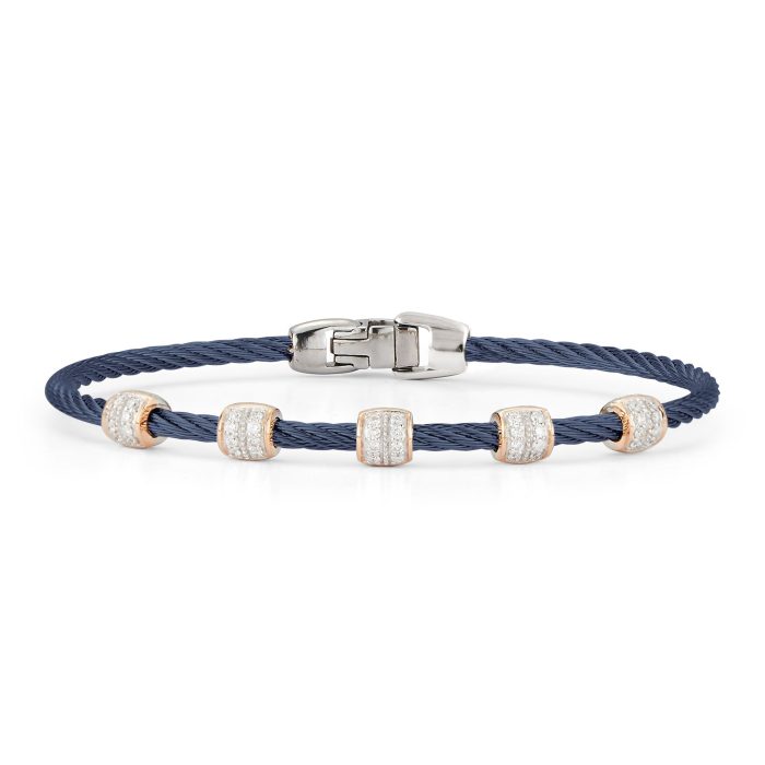 ALOR Five Station Stainless Steel and 18k Rose Gold Diamond Stackable Bracelet