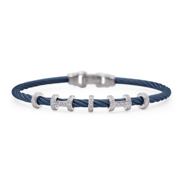 ALOR Stainless Steel and 14k White Gold Diamond Double Halo Harmony Bracelet in Blueberry