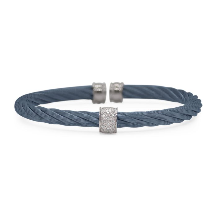 ALOR 5mm Single Barrel Stainless Steel and 18k White Gold Diamond Blueberry Cable Cuff