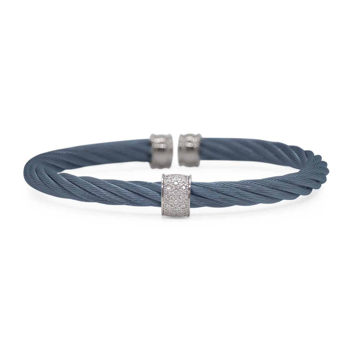 ALOR 5mm Single Barrel Stainless Steel and 18k White Gold Diamond Blueberry Cable Cuff
