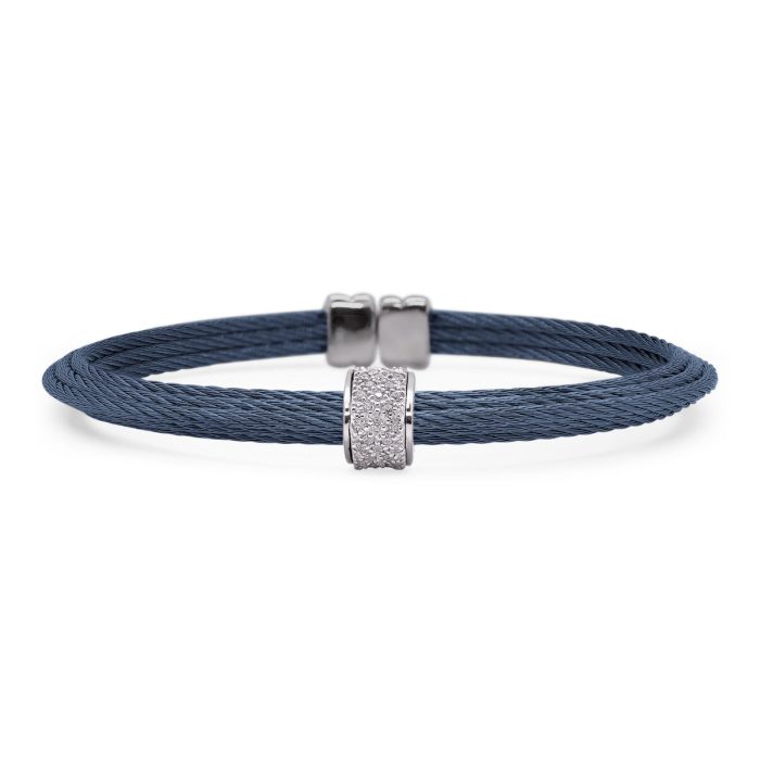 ALOR Stainless Steel and 14k White Gold Diamond Pyramid 2 Cuff in Blueberry