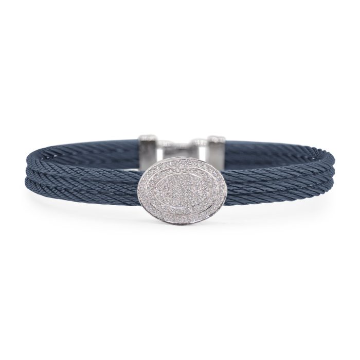 ALOR Stainless Steel and 14k White Gold Diamond Oval Station Bracelet in Blueberry