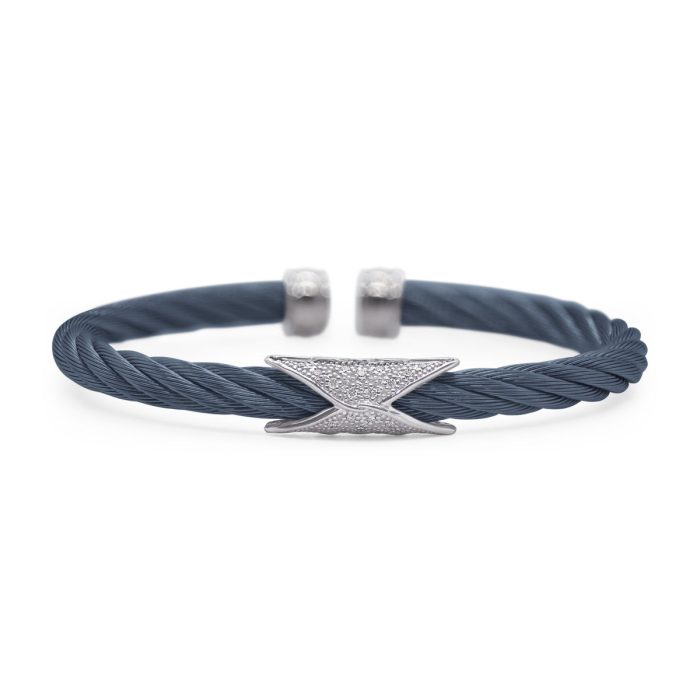 ALOR Stainless Steel and 18k White Gold Diamond 5mm Hourglass Cuff in Blueberry
