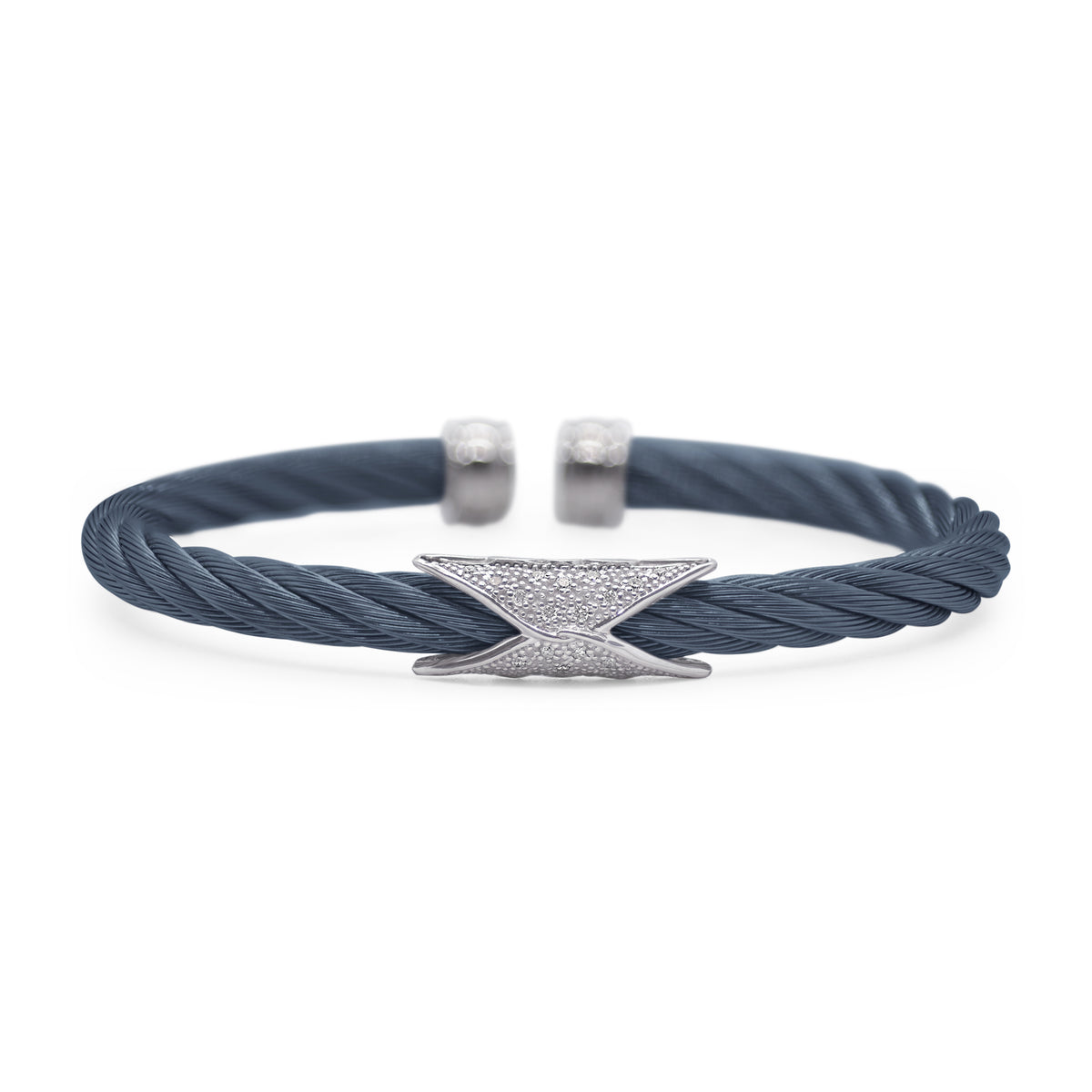 ALOR Stainless Steel and 18k White Gold Diamond 5mm Hourglass Cuff in Blueberry