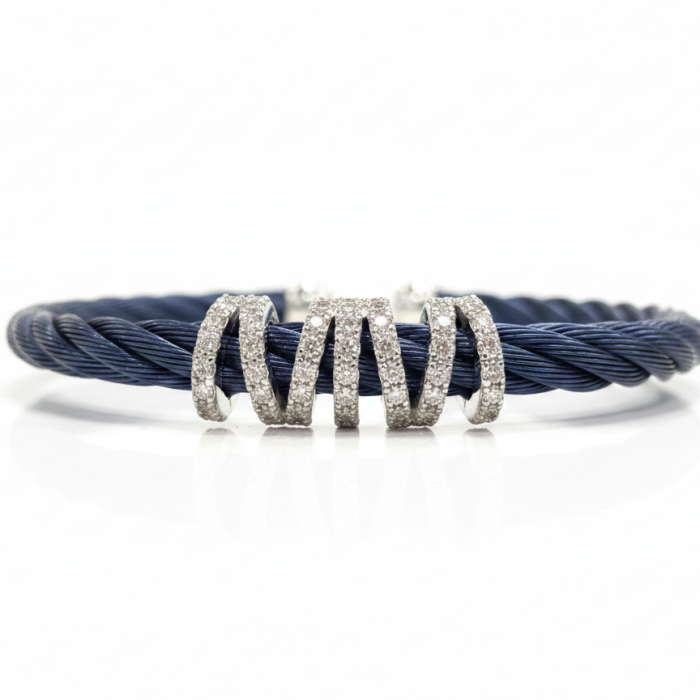 ALOR 14k White Gold and Blueberry Stainless Steel Halo 5mm Diamond Cuff