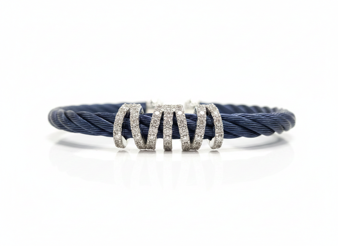 ALOR 14k White Gold and Blueberry Stainless Steel Halo 5mm Diamond Cuff