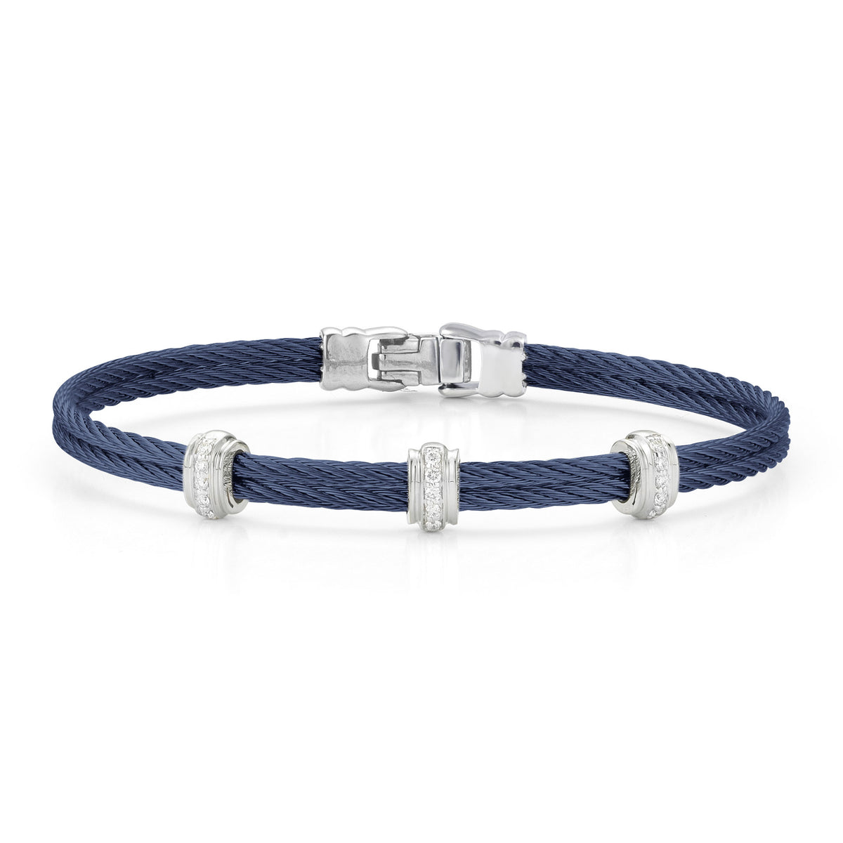 ALOR Fused Triple Station Stainless Steel and 18k White Gold Diamond Blueberry Cable Bracelet
