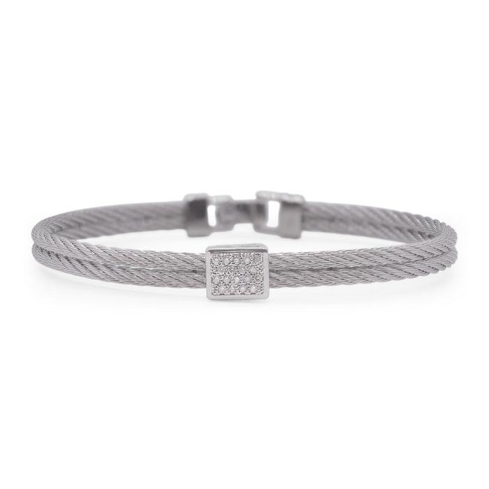 ALOR Stainless Steel and White Gold Diamond Single Cube Station Bangle in Grey