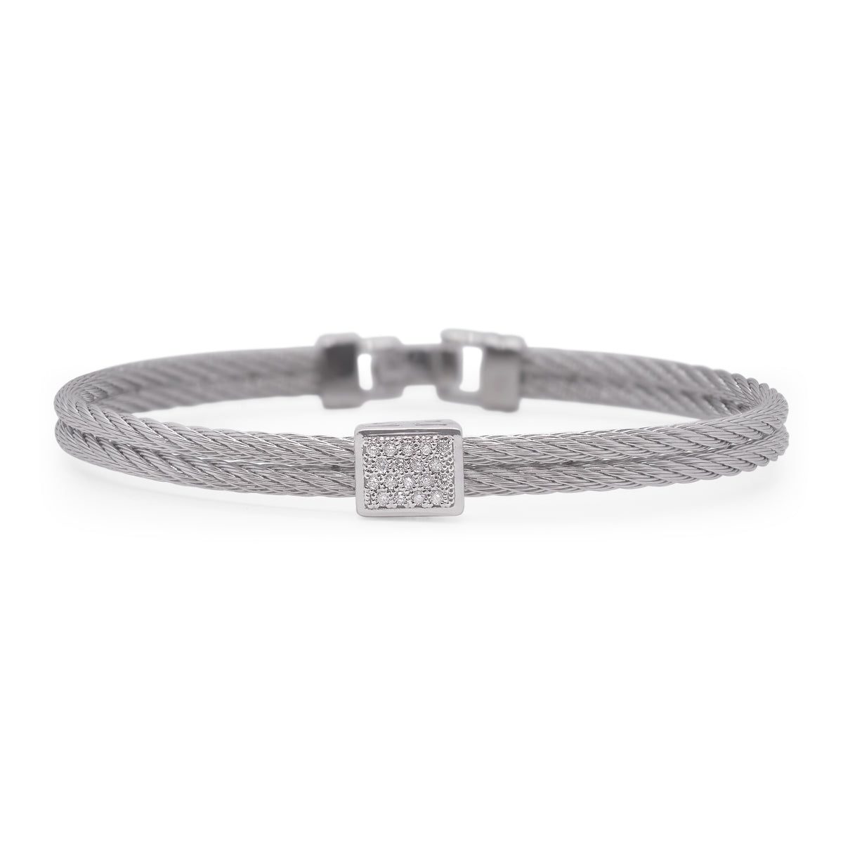 ALOR Stainless Steel and White Gold Diamond Single Cube Station Bangle in Grey