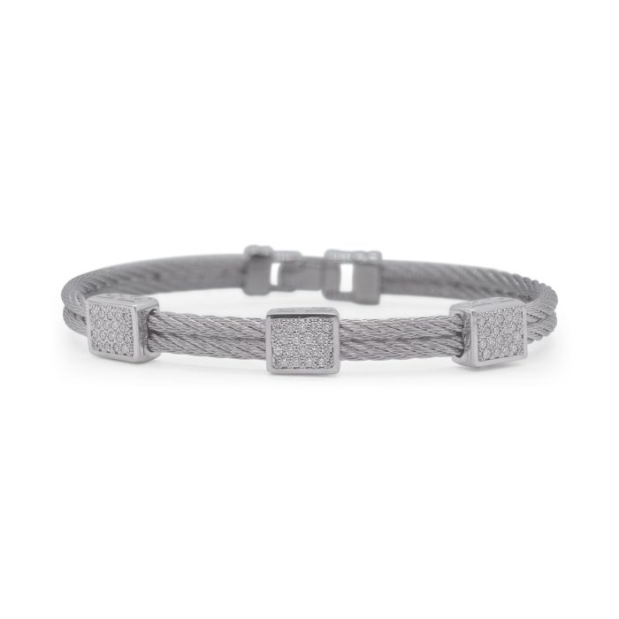 ALOR Stainless Steel and 18k White Gold Diamond Triple Cube Station Bangle in Grey