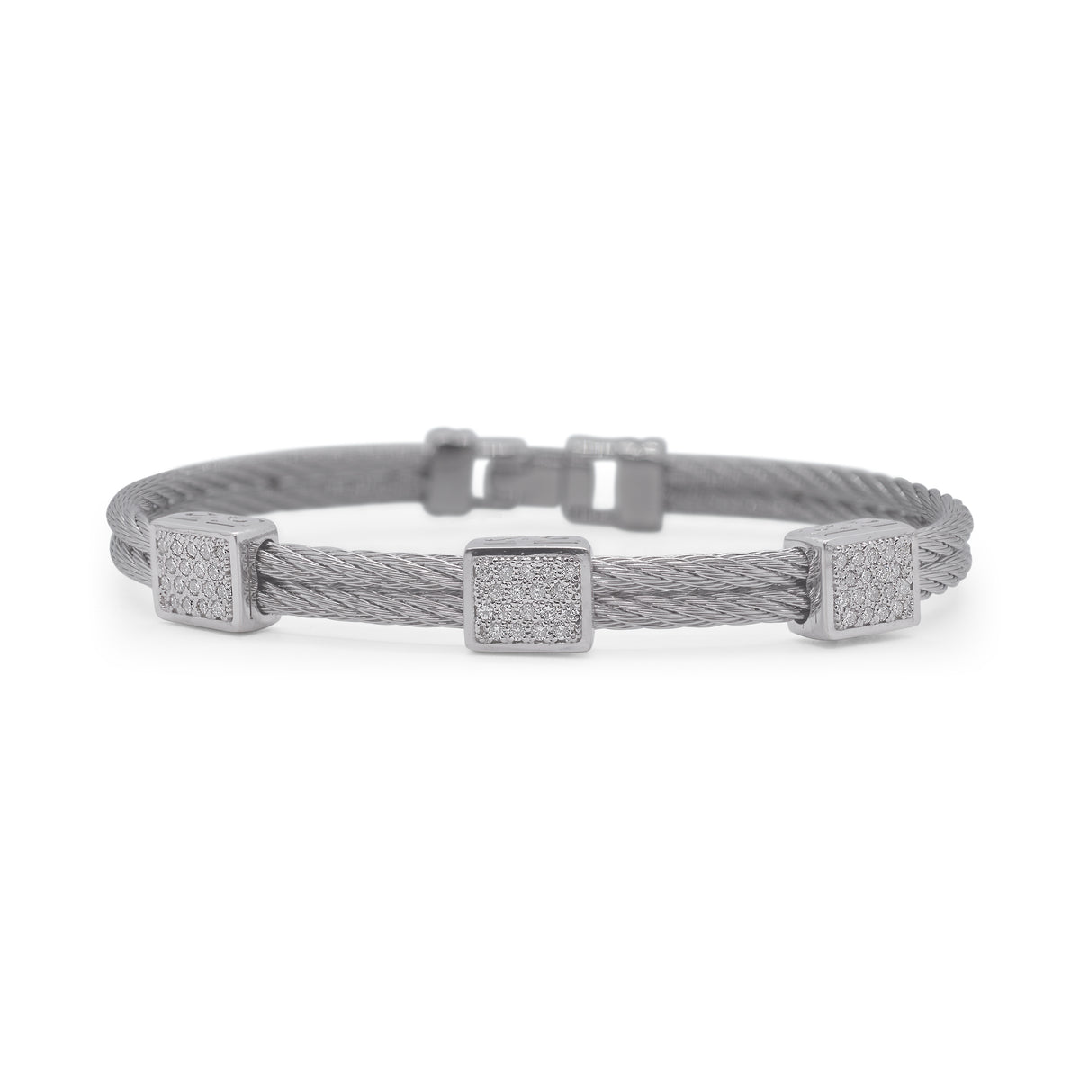 ALOR Stainless Steel and 18k White Gold Diamond Triple Cube Station Bangle in Grey