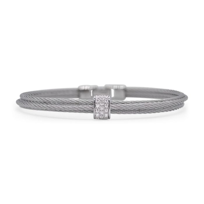 ALOR Simple Stack Stainless Steel and 18k White Gold Diamond Grey Cable Bracelet