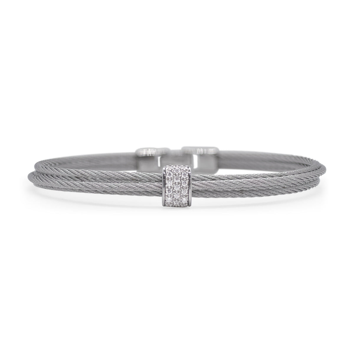 ALOR Simple Stack Stainless Steel and 18k White Gold Diamond Grey Cable Bracelet