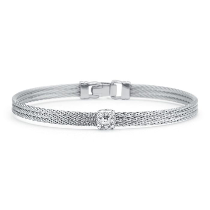 ALOR Classic Stackable Single Square Station Diamond Bracelet in Stainless Steel and 18k White Gold