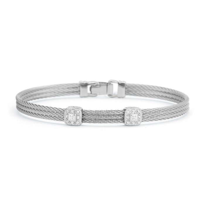 ALOR Classic Stackable Double Square Station Diamond Bracelet in Stainless Steel and 18k White Gold