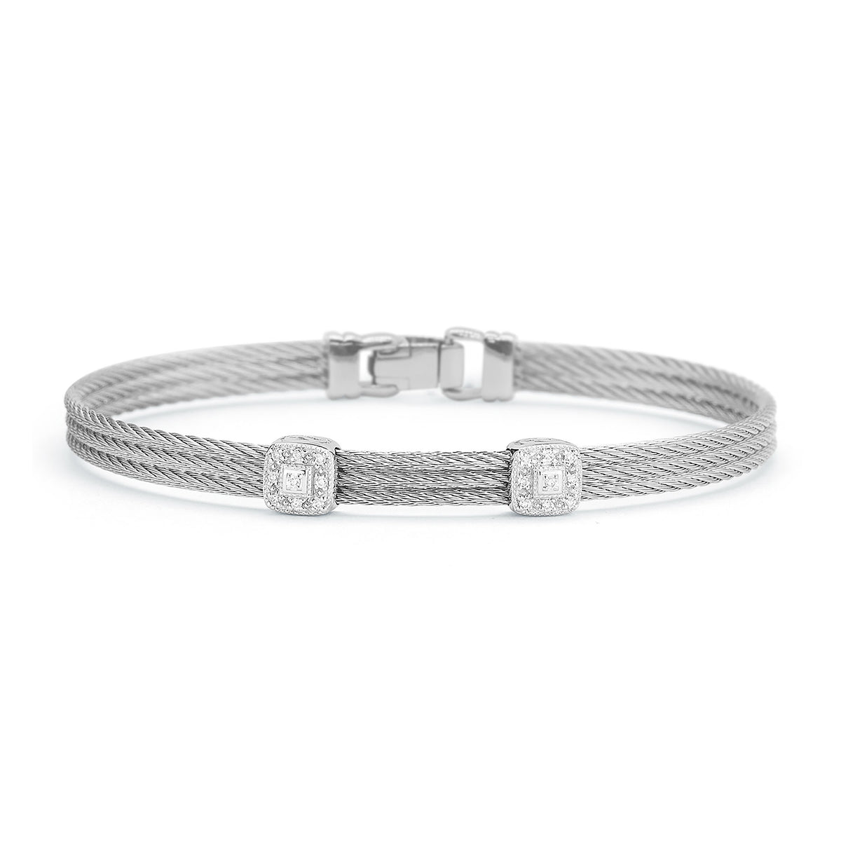 ALOR Classic Stackable Double Square Station Diamond Bracelet in Stainless Steel and 18k White Gold