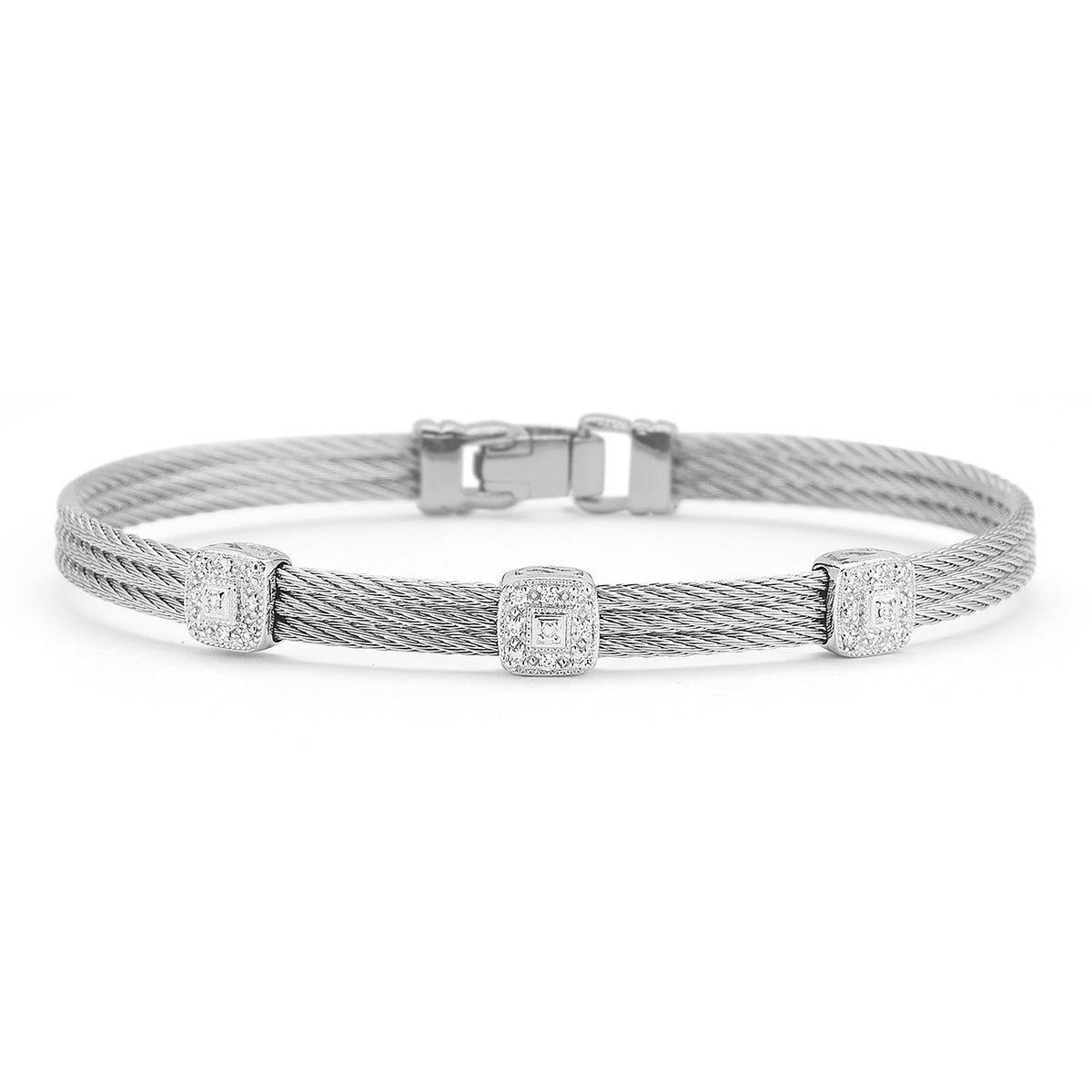 ALOR Classic Stackable Triple Square Station Diamond Bracelet in Stainless Steel and 18k White Gold