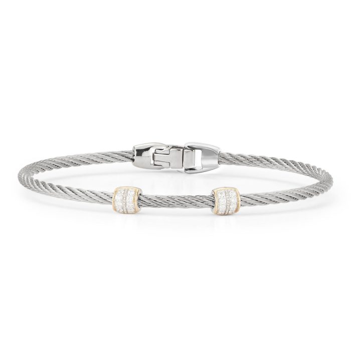 ALOR Double Barrel Stackable Stainless Steel and 18k Yellow Gold Diamond Bracelet