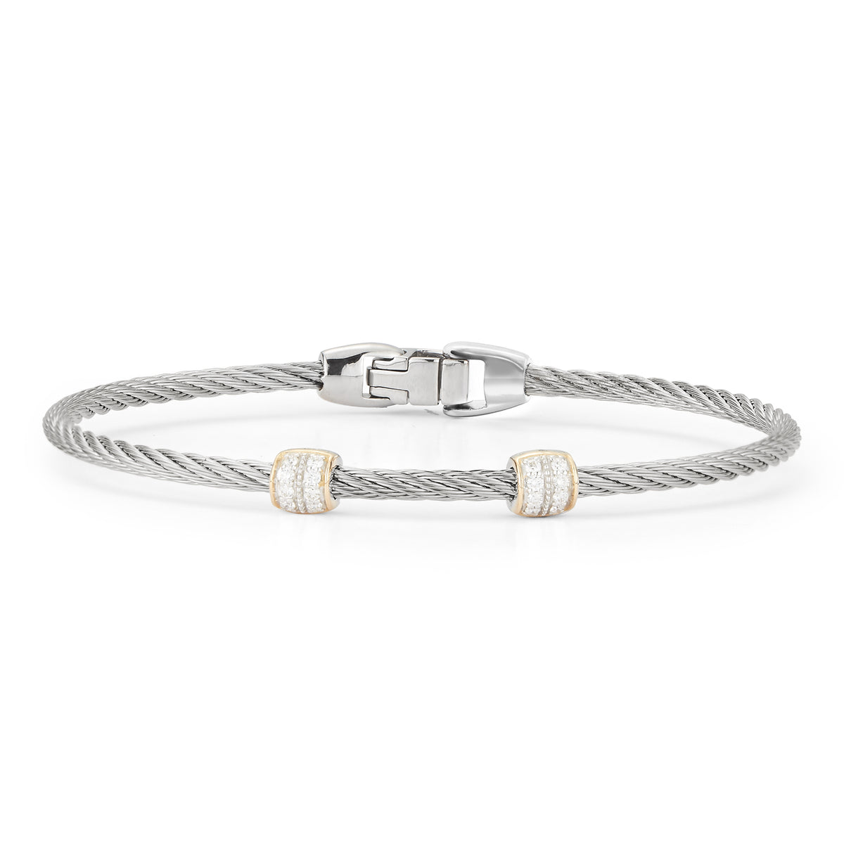 ALOR Double Barrel Stackable Stainless Steel and 18k Yellow Gold Diamond Bracelet