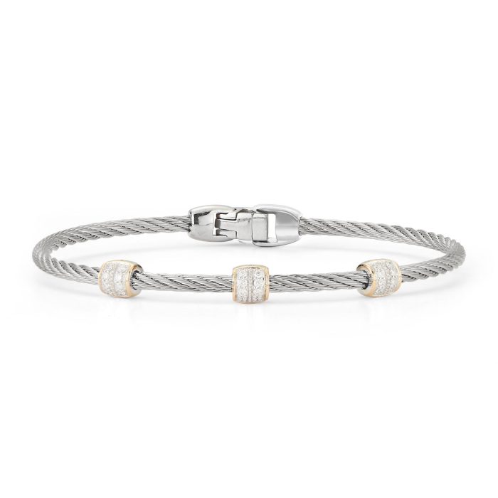 ALOR Triple Barrel Stackable Stainless Steel and 18k Yellow Gold Diamond Bracelet