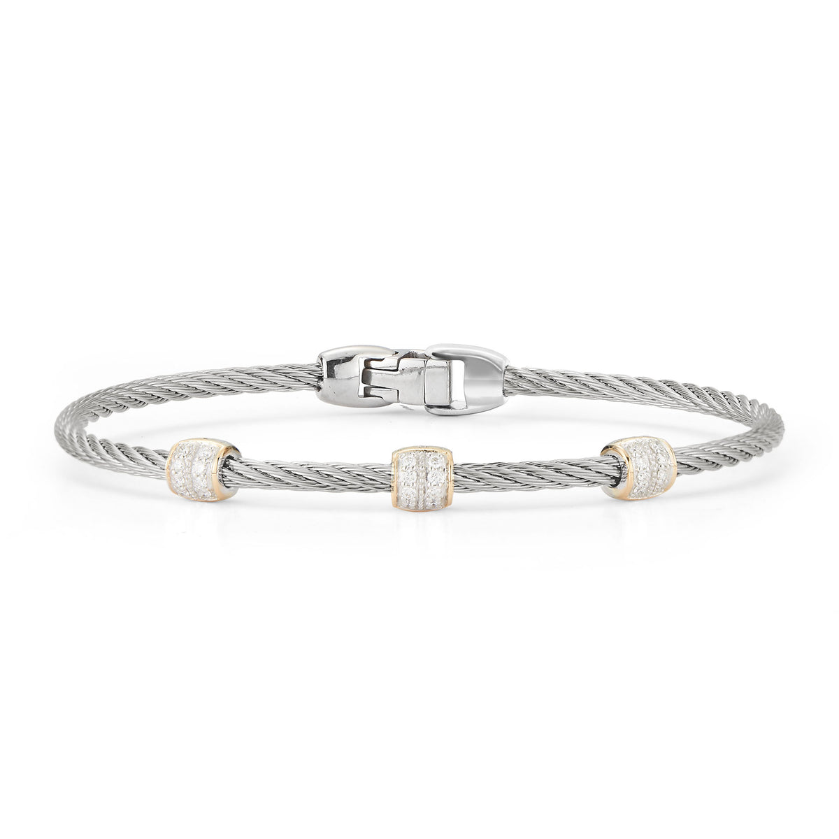 ALOR Triple Barrel Stackable Stainless Steel and 18k Yellow Gold Diamond Bracelet