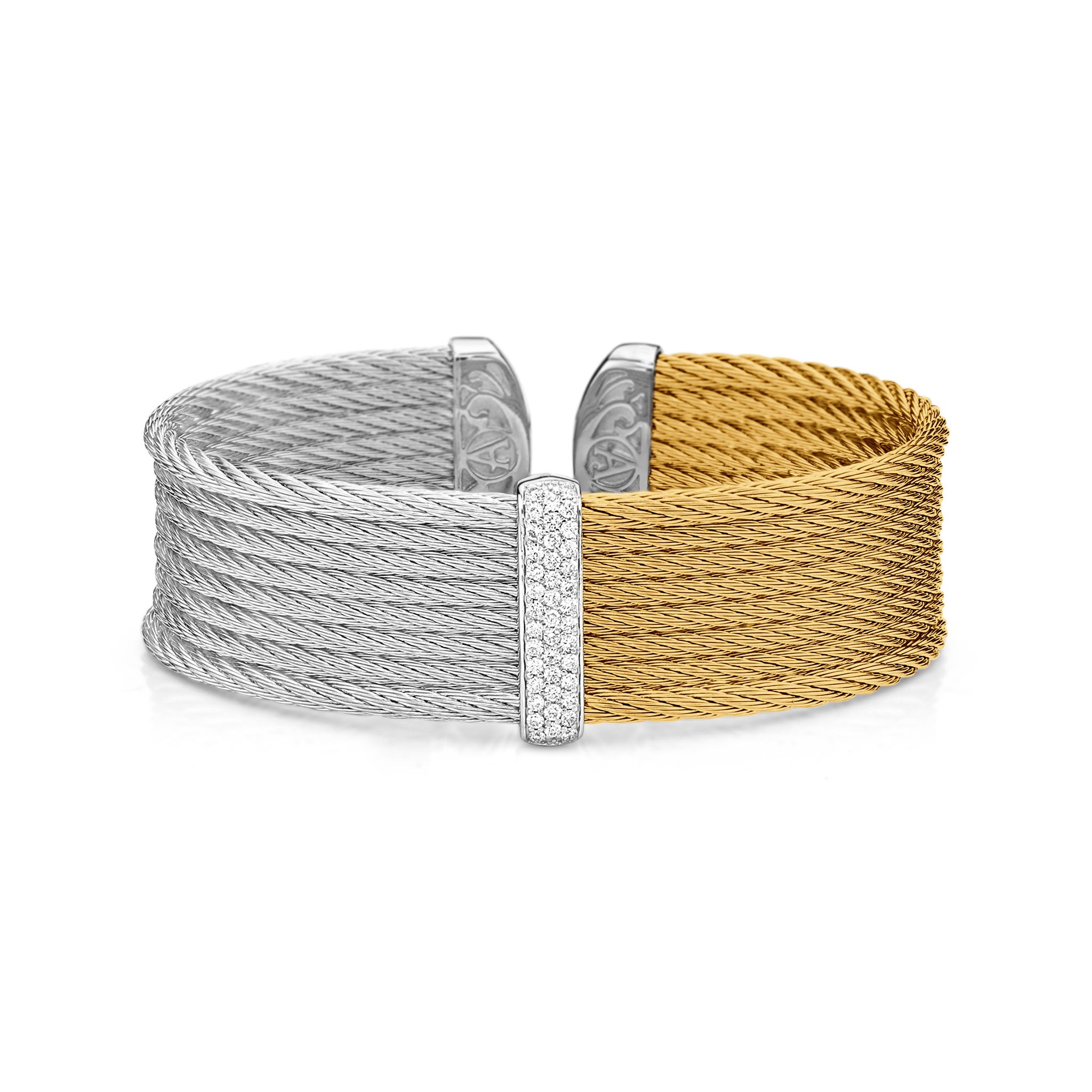 ALOR Grey and Yellow Stainless Steel and 18k White Gold Diamond Cable Bracelet