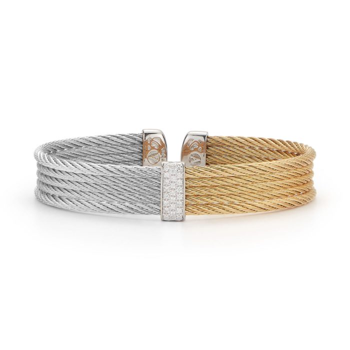 ALOR Stainless Steel and 18k White Gold Diamond Single Station Mini Cuff in Grey and Yellow