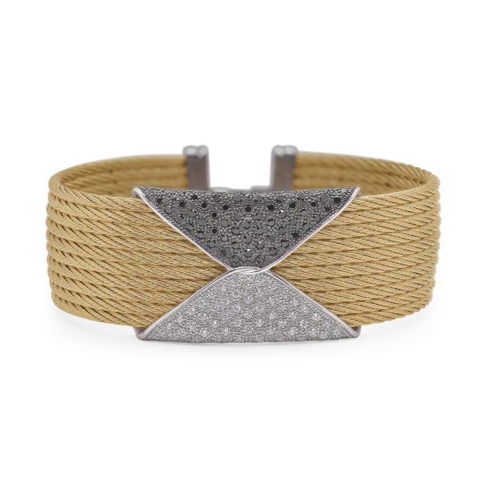 ALOR Stainless Steel and 18k White Gold Black Diamond Bangle in Yellow