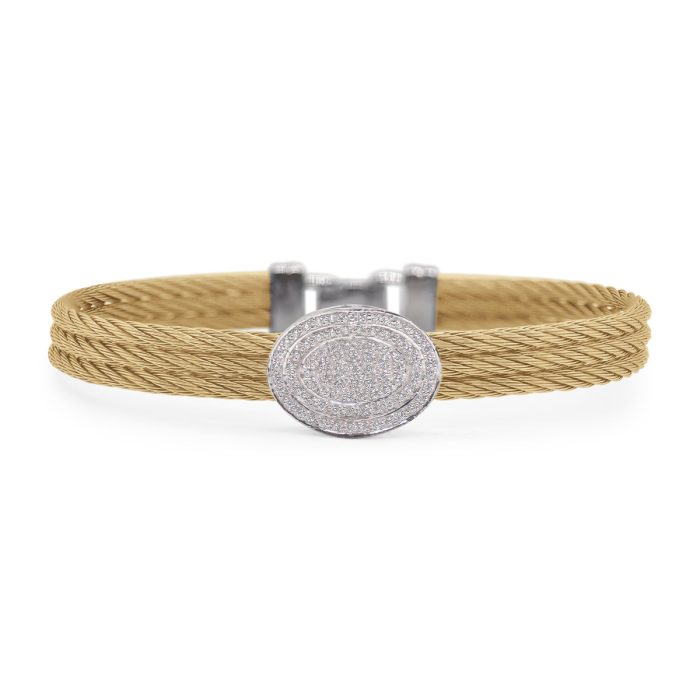 ALOR Stainless Steel and 18k White Gold Diamond Oval Station Bangle in Yellow