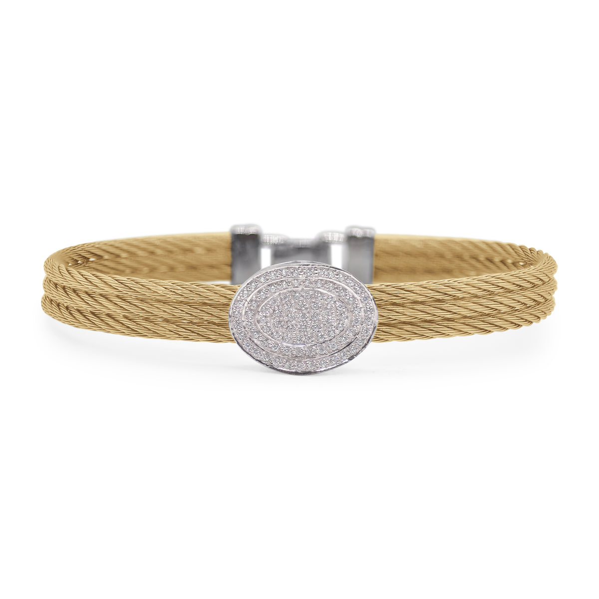 ALOR Stainless Steel and 18k White Gold Diamond Oval Station Bangle in Yellow