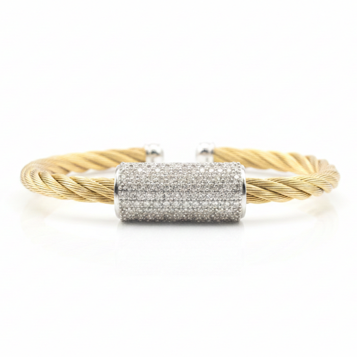 ALOR 14k White Gold and Yellow Stainless Steel Diamond Barrel Cuff