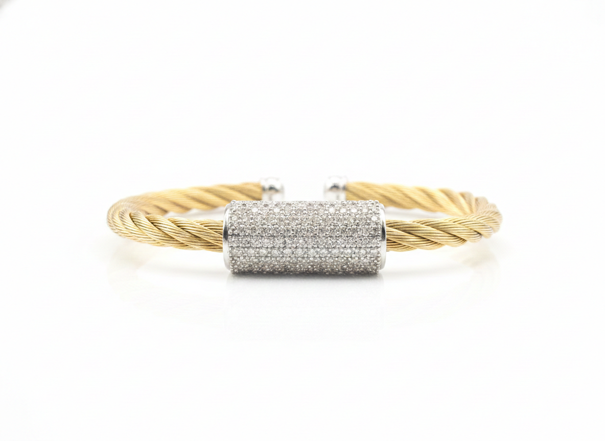 ALOR 14k White Gold and Yellow Stainless Steel Diamond Barrel Cuff
