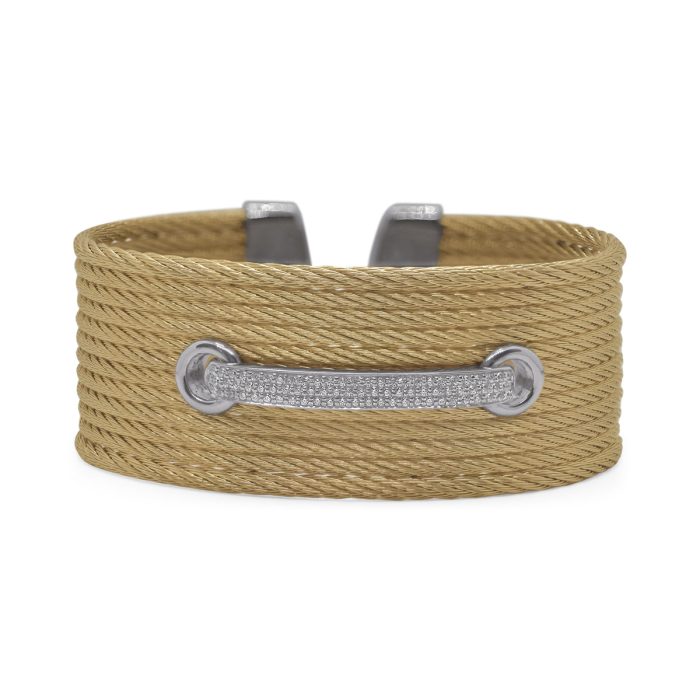 ALOR Wide Lace-Up Stainless Steel and 18k White Gold Diamond Yellow Cable Cuff