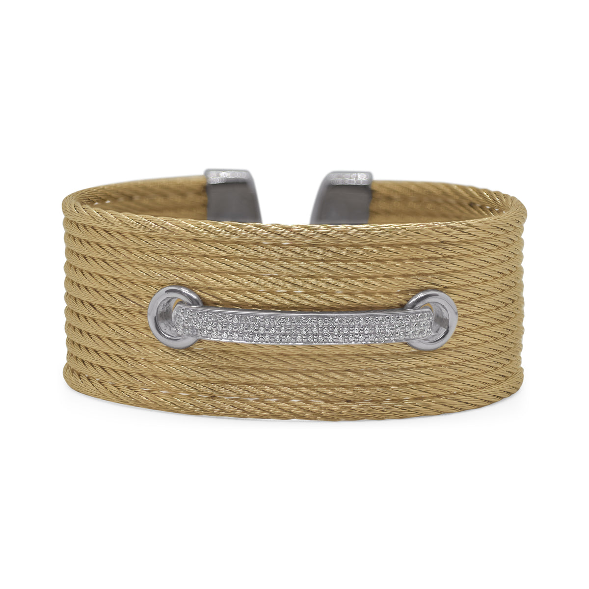 ALOR Wide Lace-Up Stainless Steel and 18k White Gold Diamond Yellow Cable Cuff